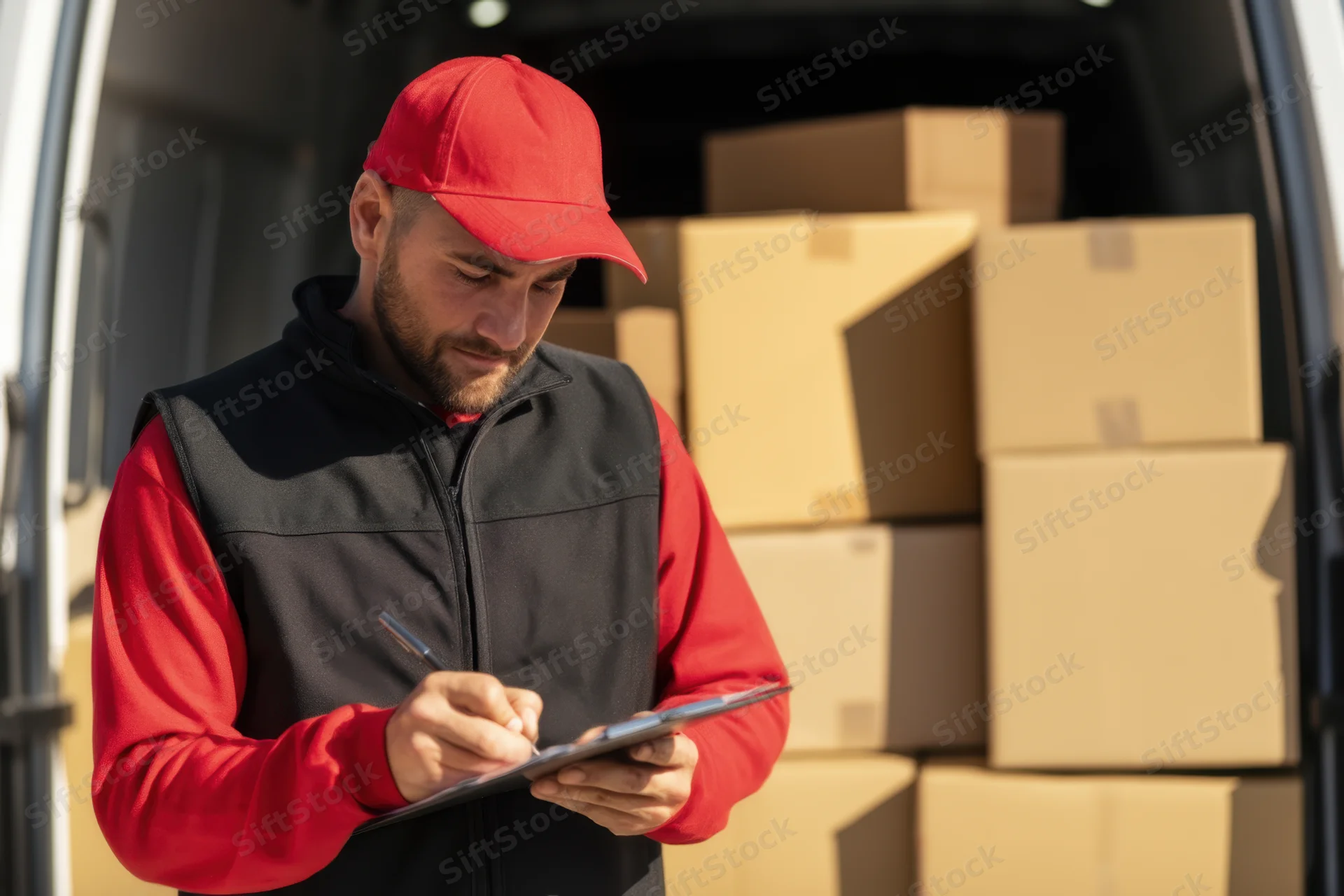 Delivery worker writing on clipboard in front of van filled with packages