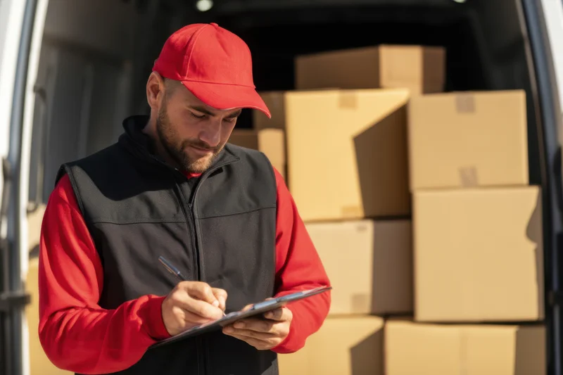 Delivery worker writing on clipboard in front of van filled with packages