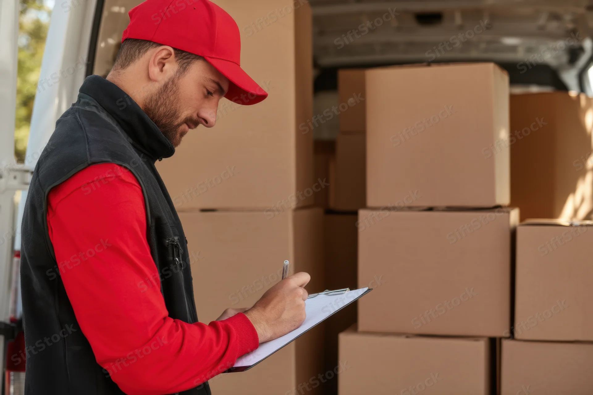 Delivery worker writing on clipboard beside stacked boxes in van