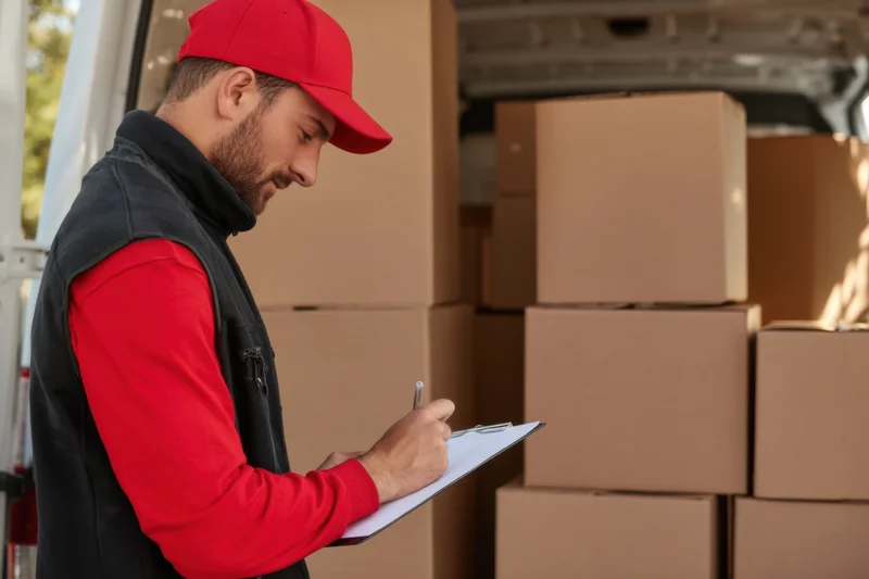 Delivery worker writing on clipboard beside stacked boxes in van