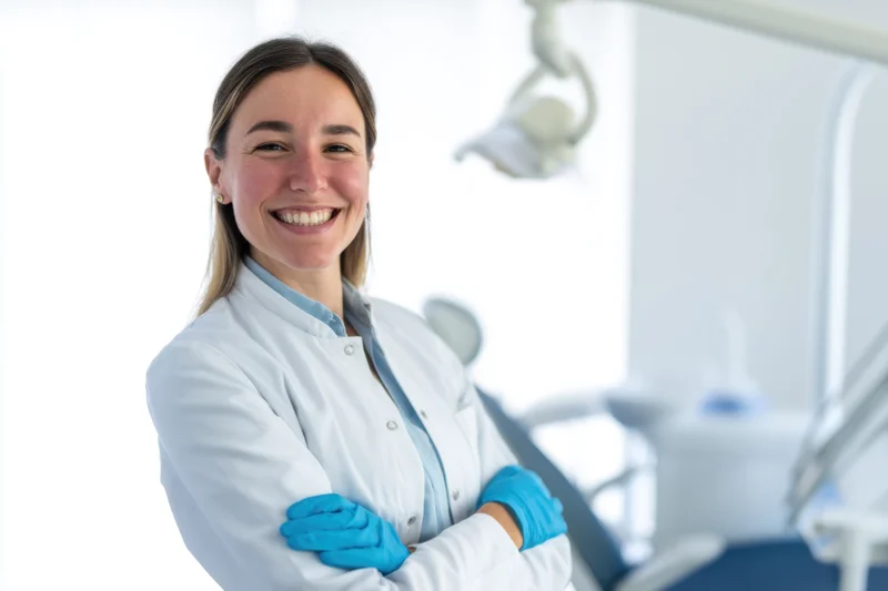 Smiling female dentist with arms crossed in a bright dental clinic
