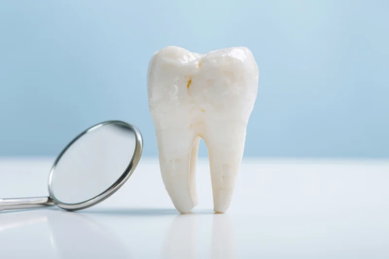 A white tooth with a dental mirror on a reflective surface