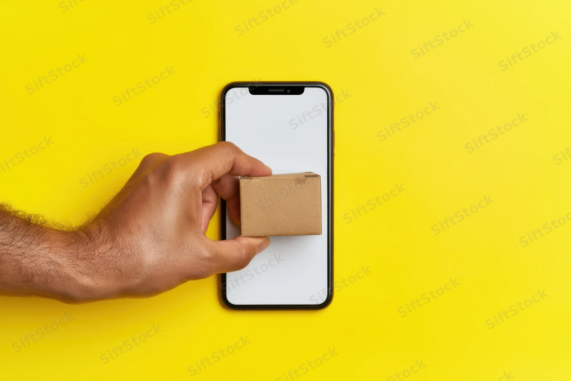 Hand pulling small cardboard box from smartphone screen against yellow background
