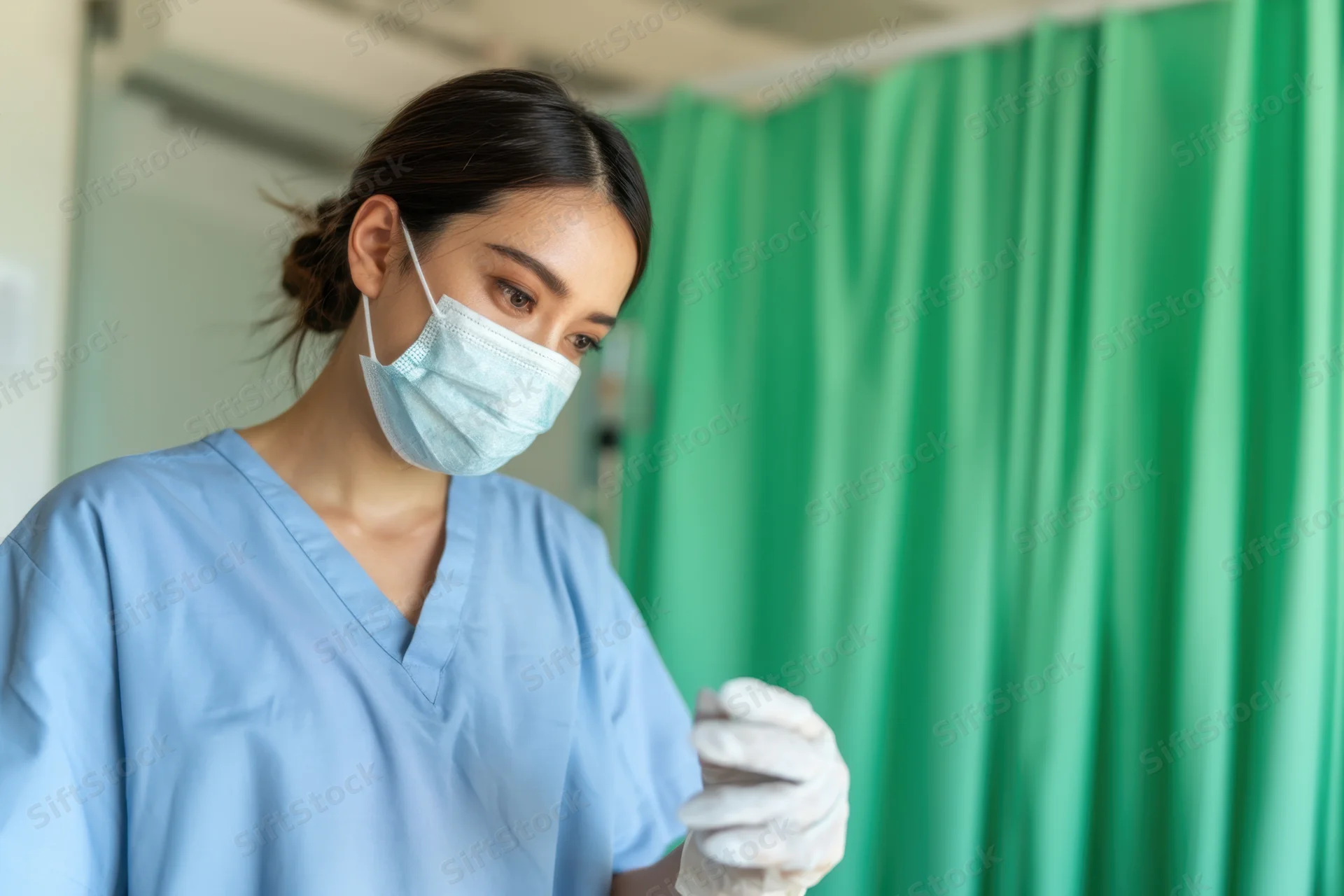 Asian woman nurse in blue scrubs wearing mask and gloves in hospital room