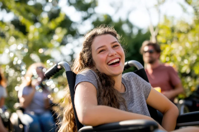 Woman in wheelchair smiling outdoors in a park with friends