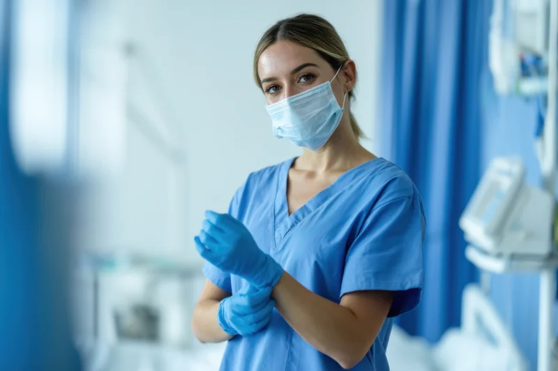 Nurse in blue scrubs putting on gloves in a hospital room