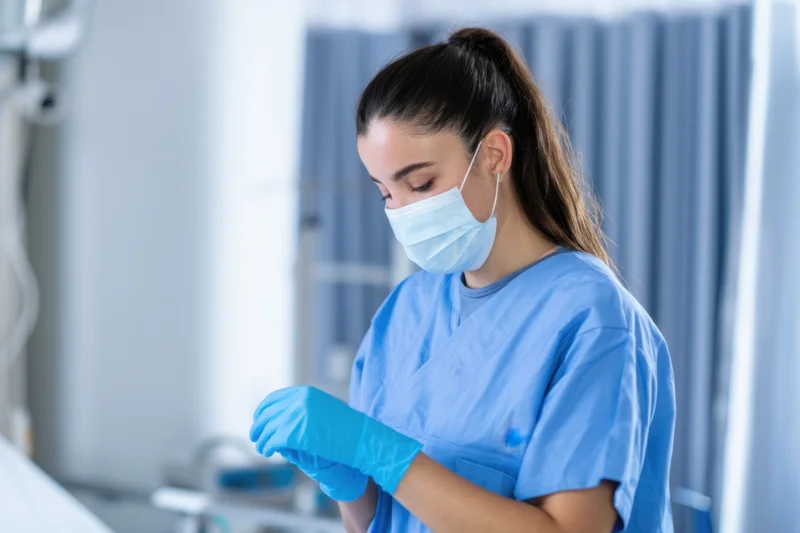Nurse in blue scrubs putting on gloves in a hospital room