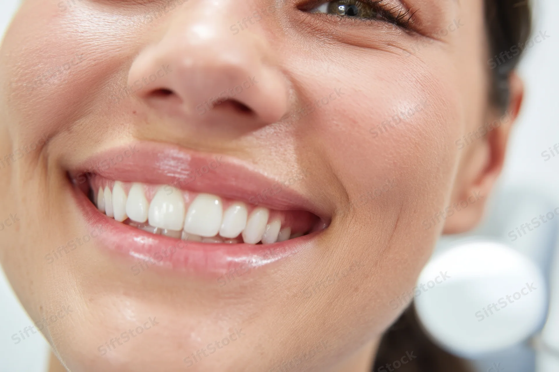 Closeup of a woman smiling with white teeth in a dental clinic