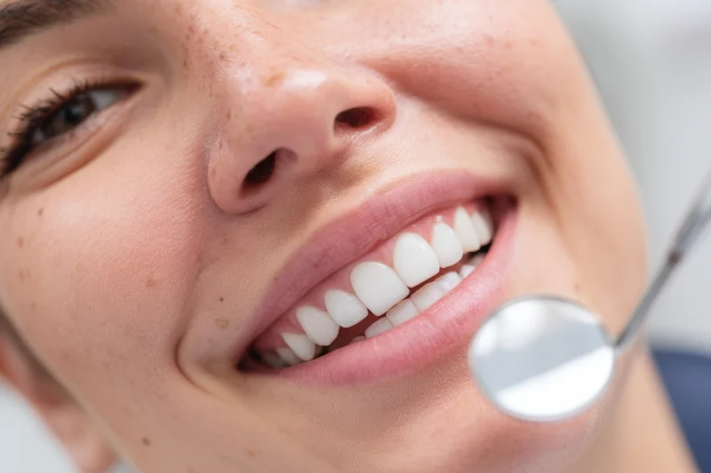 Closeup of a smiling woman with dental mirror near her teeth in a clinic