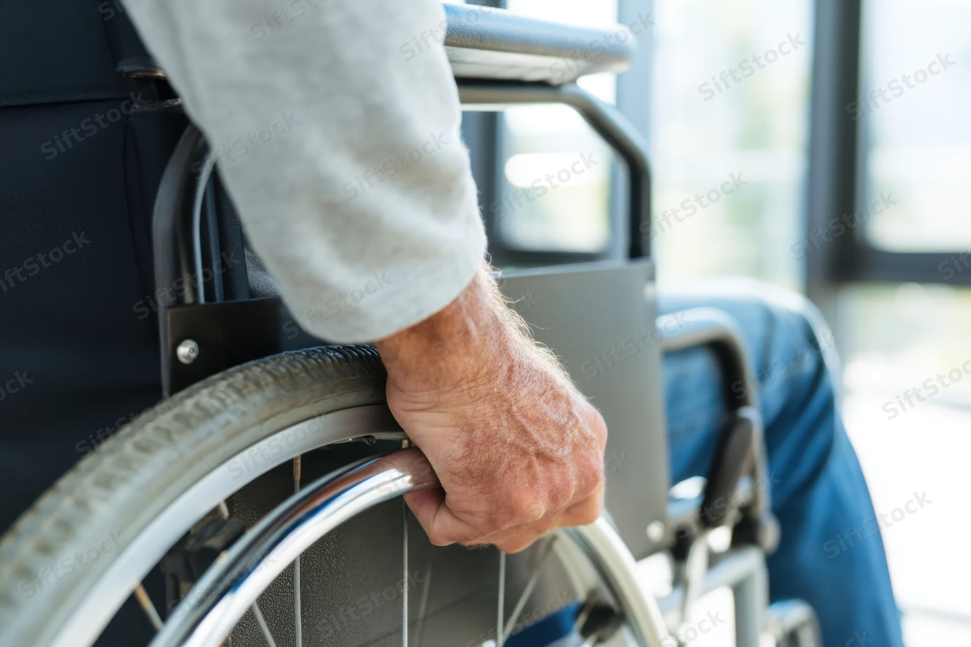 Man’s hand gripping wheelchair wheel while seated indoors near window
