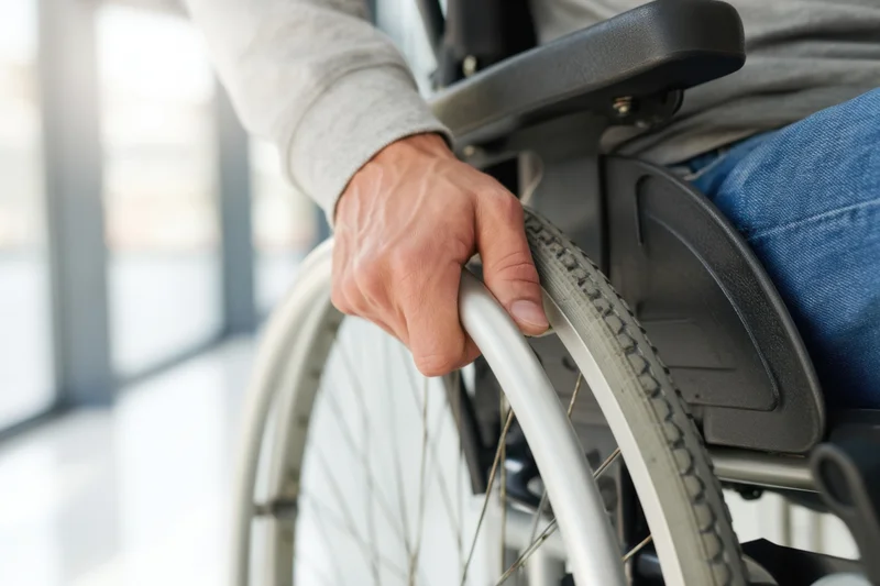 Man’s hand gripping wheelchair wheel in indoor corridor