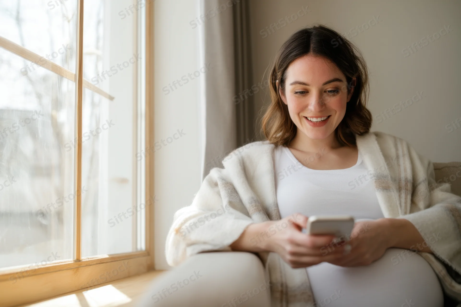 Pregnant woman smiling while using smartphone on couch near window at home