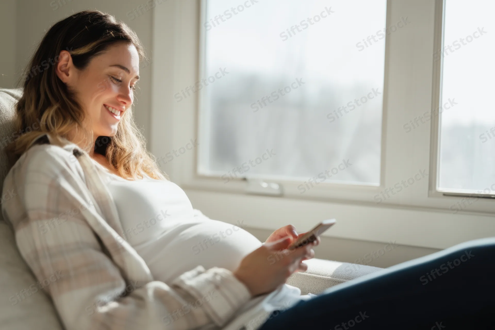 Pregnant woman smiling while using phone on couch at home