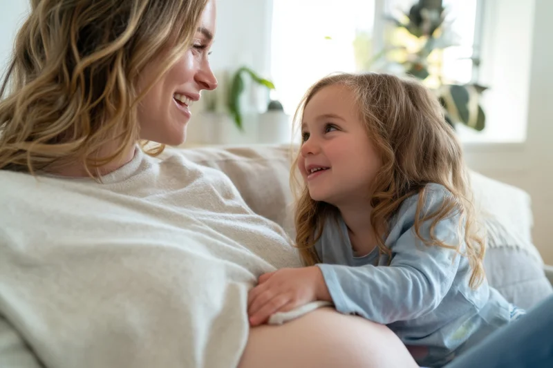 Pregnant woman smiling at her young daughter while sitting on a couch at home