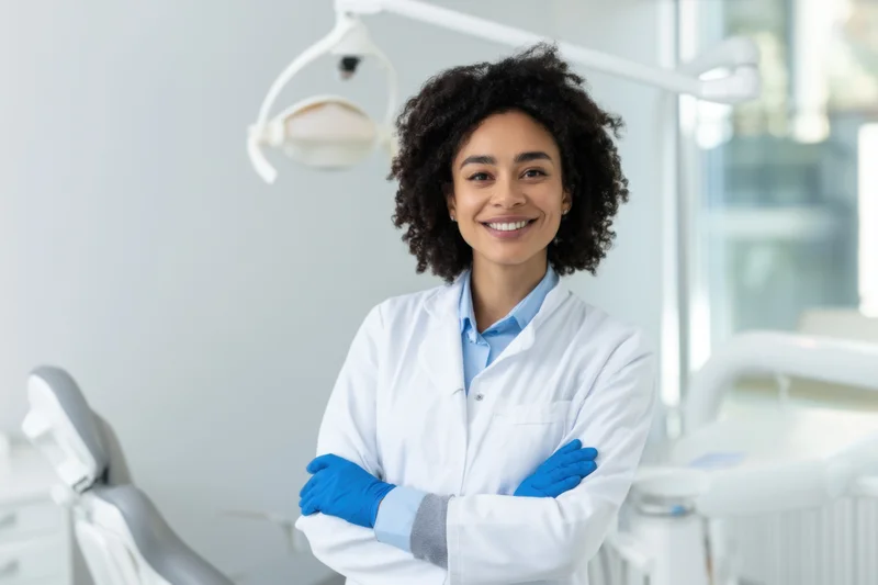 Smiling black woman in lab coat with arms crossed in dental clinic