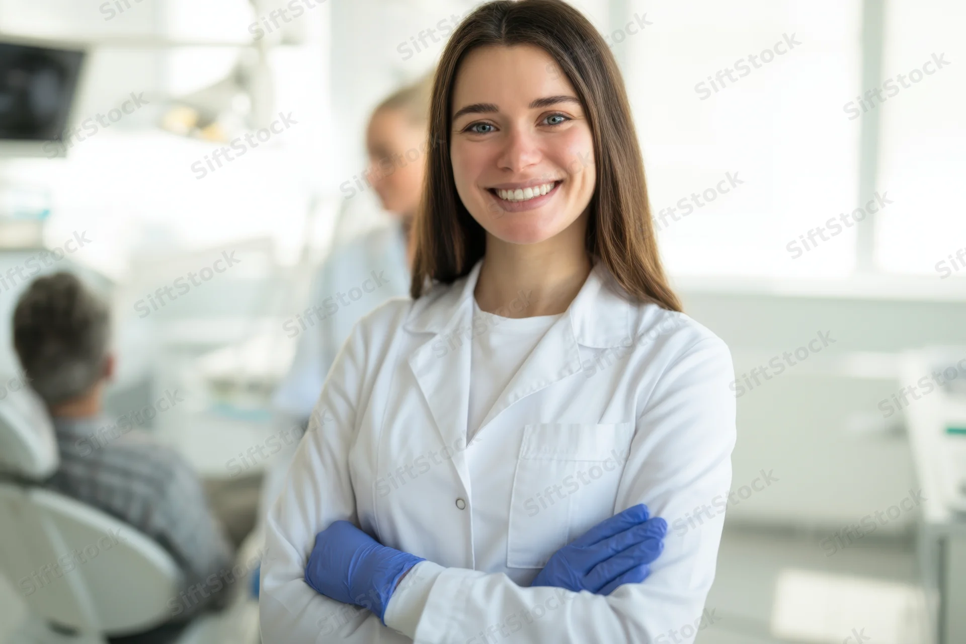 Smiling female dentist with arms crossed in a dental clinic