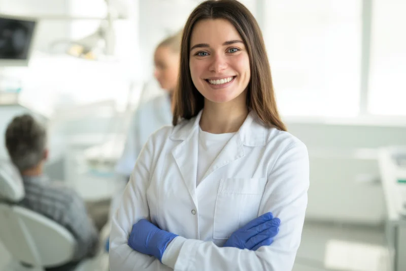 Smiling female dentist with arms crossed in a dental clinic