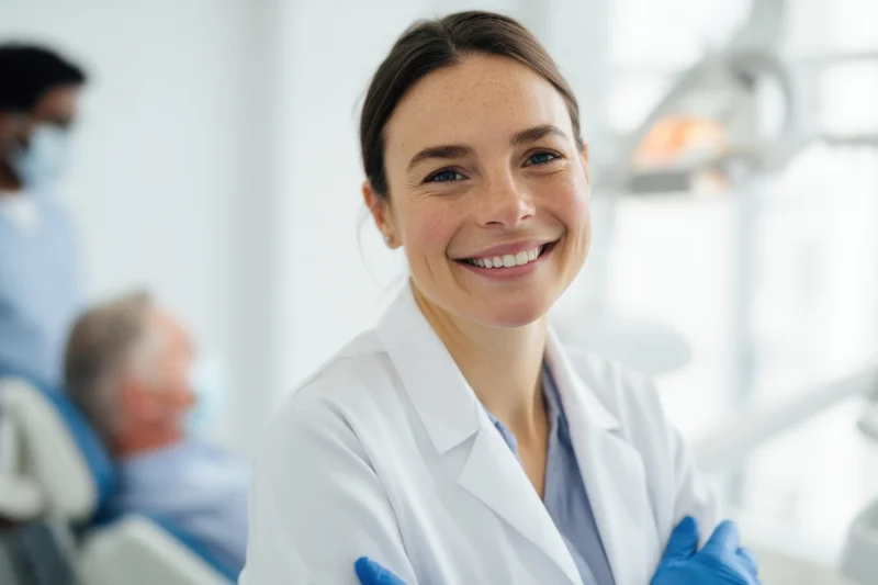 Smiling female dentist with arms crossed in a dental clinic
