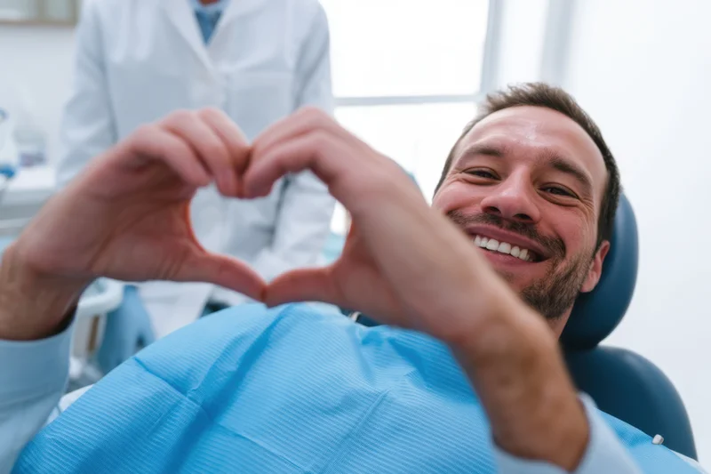 Smiling man forming heart with hands in dental chair at clinic