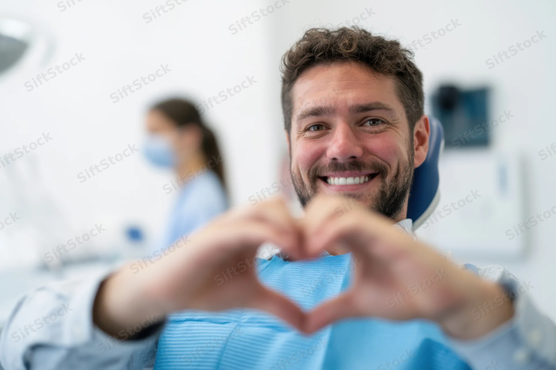 Smiling man making heart shape with hands in dental clinic