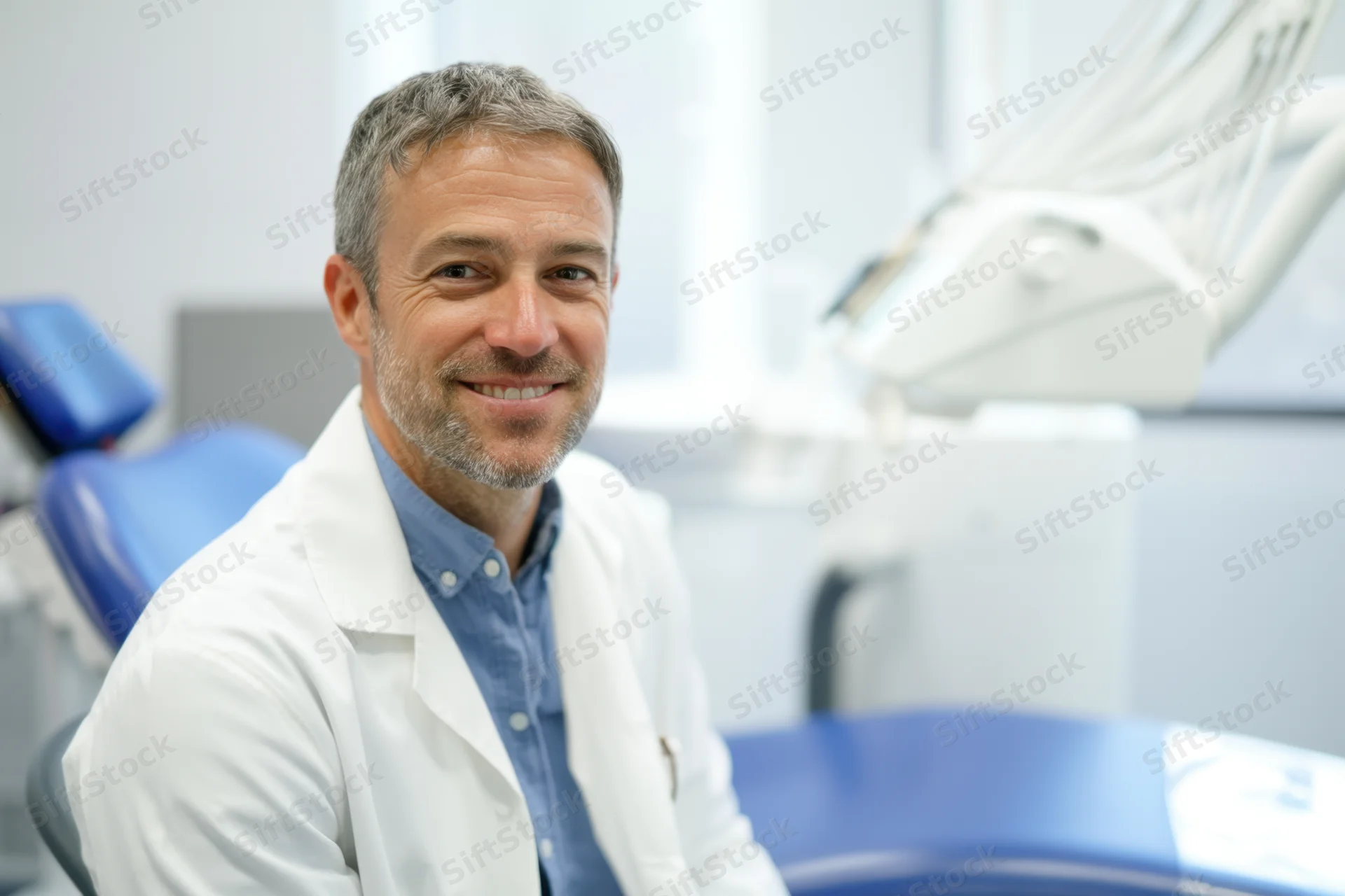 Smiling male dentist in white coat seated in dental clinic office