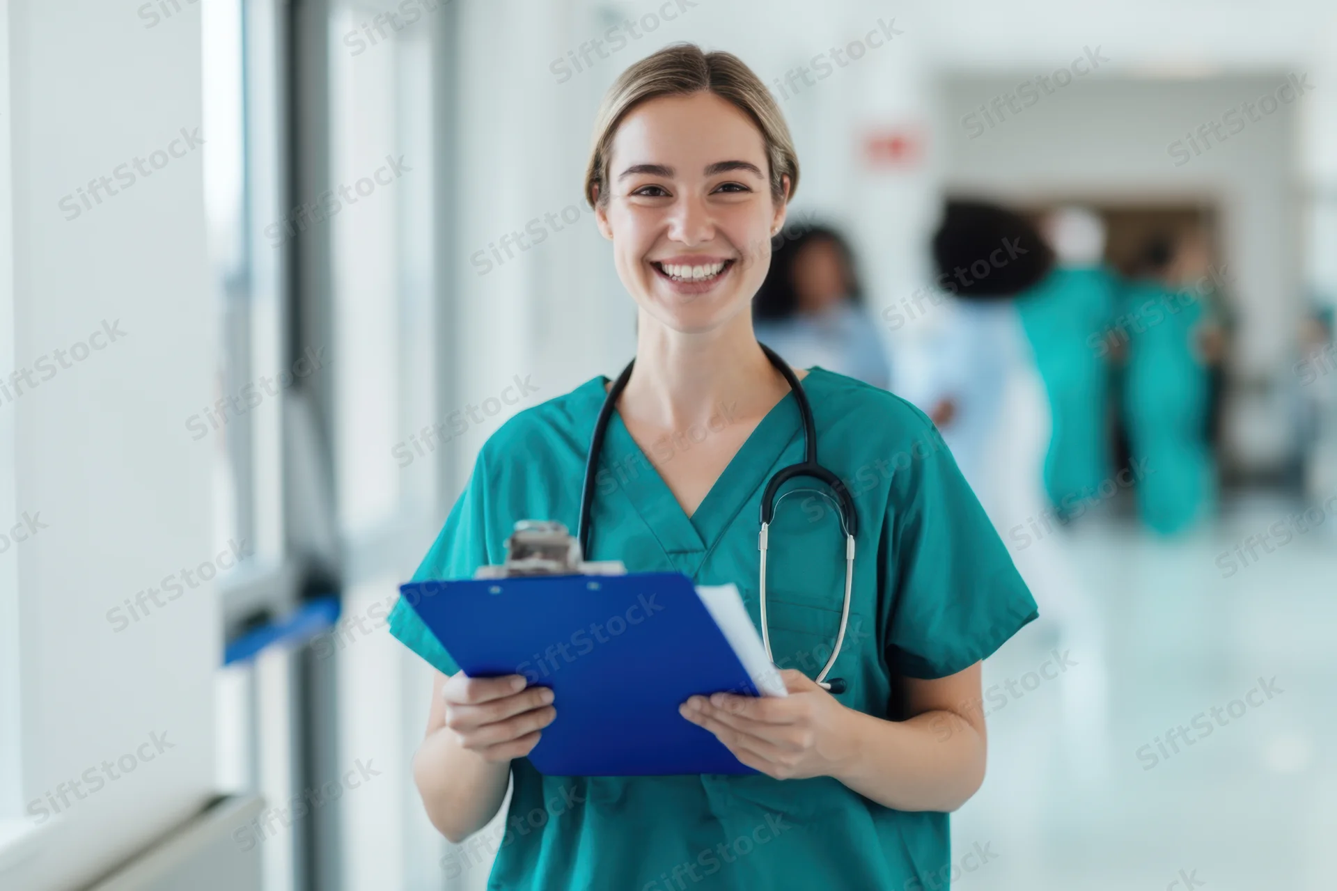 Smiling nurse in teal scrubs holding clipboard in hospital corridor