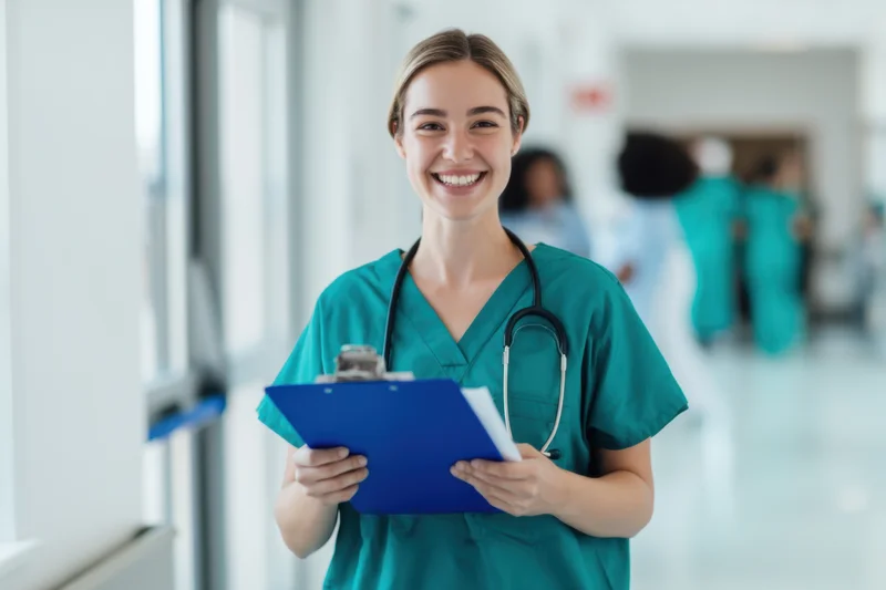 Smiling nurse in teal scrubs holding clipboard in hospital corridor