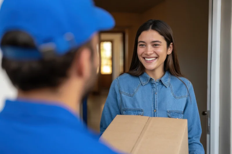 Smiling woman receiving a package from a delivery person at her front door