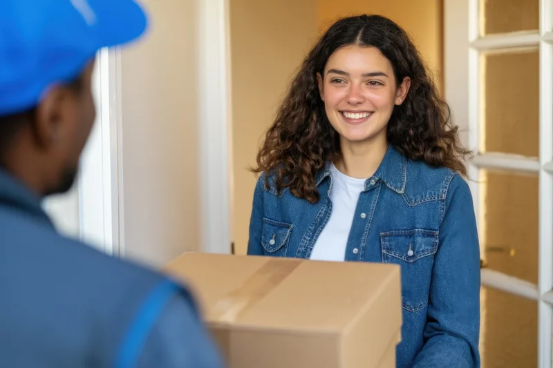 Smiling woman receiving package from deliveryperson at front door