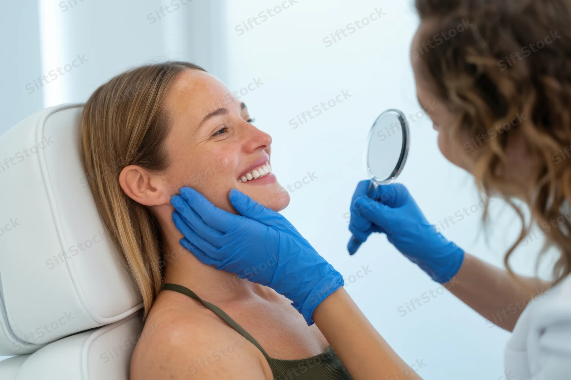 Woman reclining in clinic chair while dermatologist examines her skin with magnifying mirror