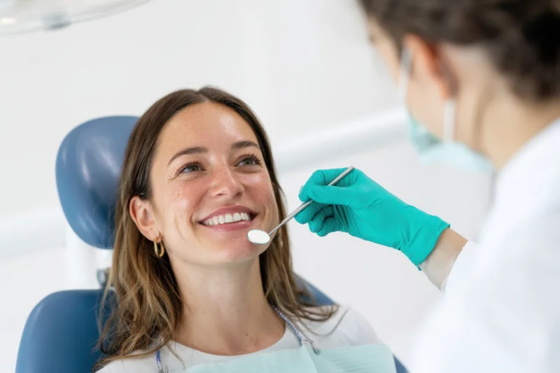 Woman smiling during dental examination in clinic chair