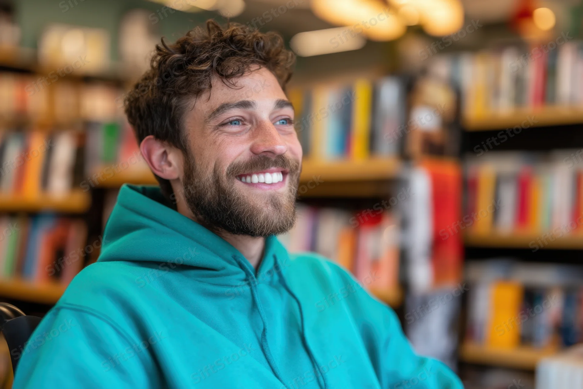Young man smiling in a bookstore surrounded by bookshelves
