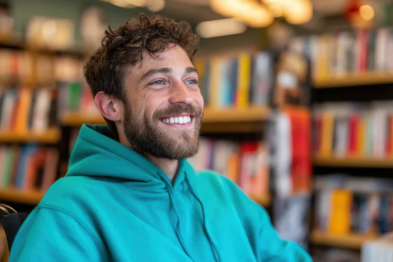 Young man smiling in a bookstore surrounded by bookshelves