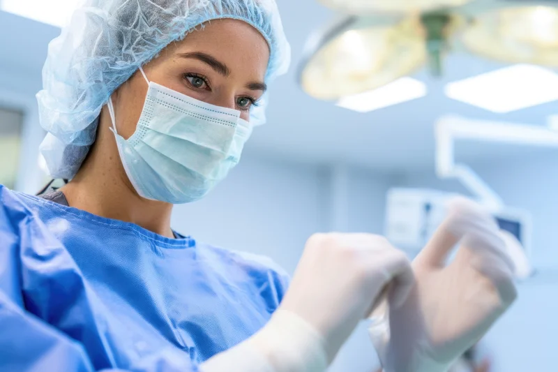 Woman surgeon in blue scrubs putting on surgical gloves in operating room