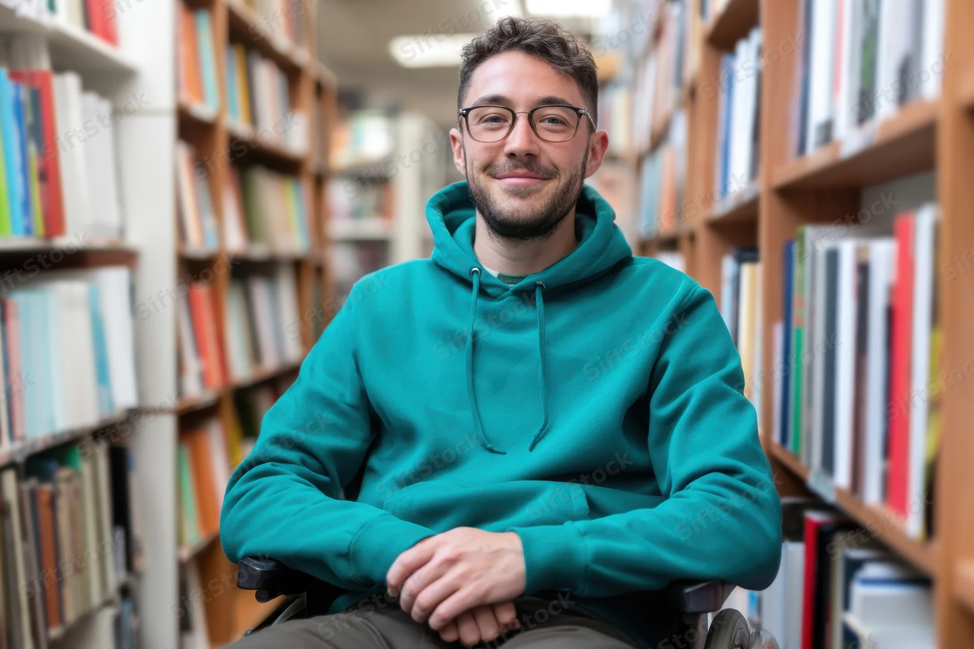Young man in wheelchair smiling in library aisle surrounded by bookshelves