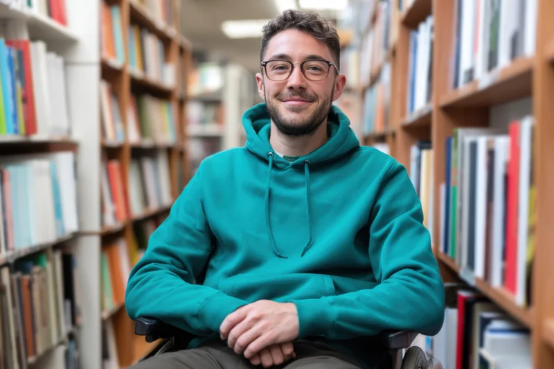 Young man in wheelchair smiling in library aisle surrounded by bookshelves