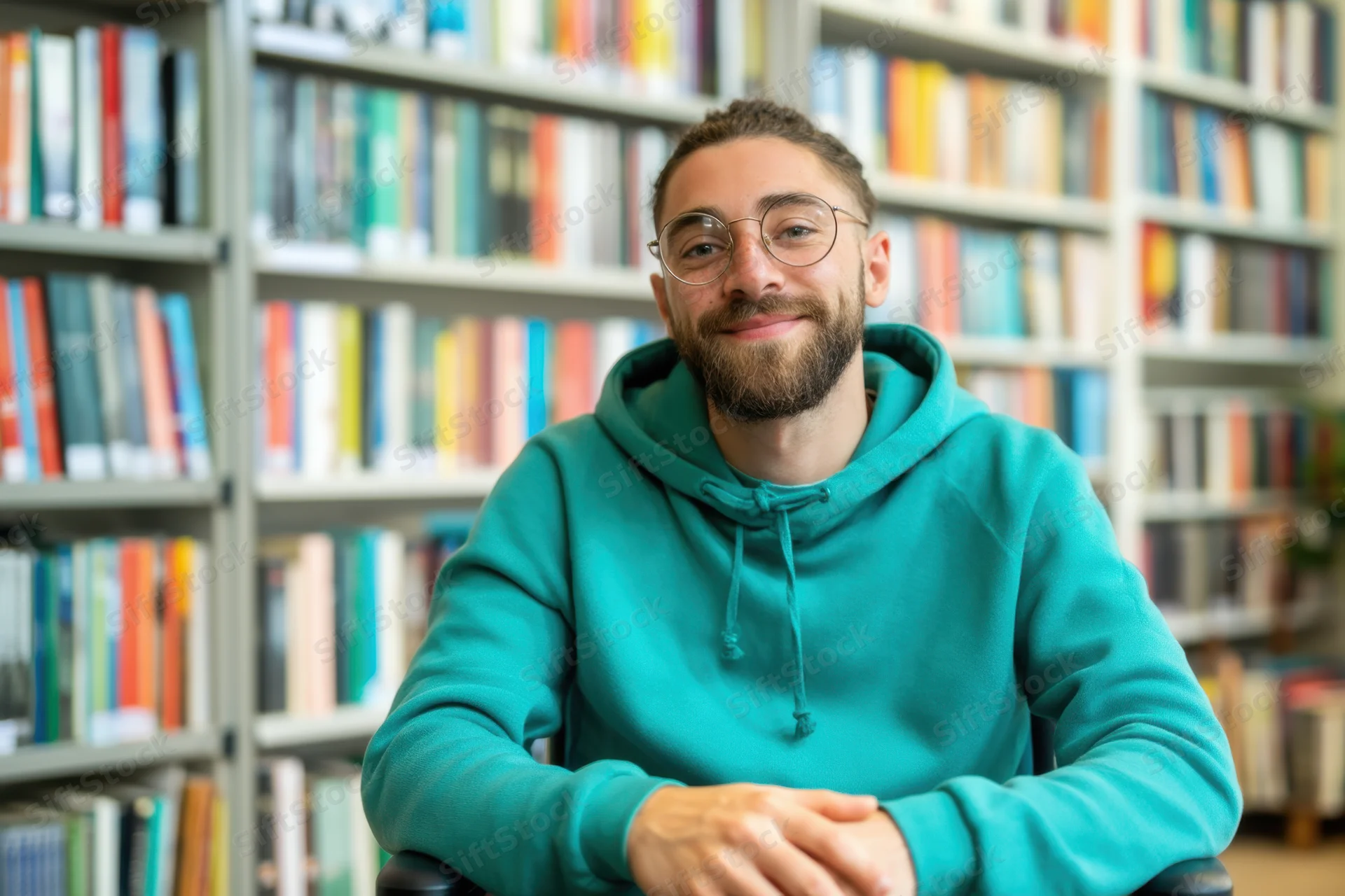 Young man in teal hoodie smiling while seated in a library with bookshelves behind him