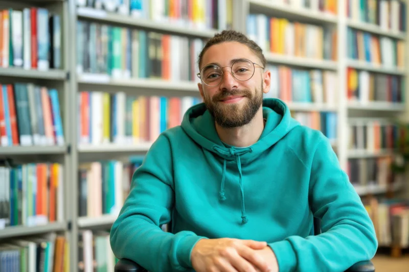 Young man in teal hoodie smiling while seated in a library with bookshelves behind him