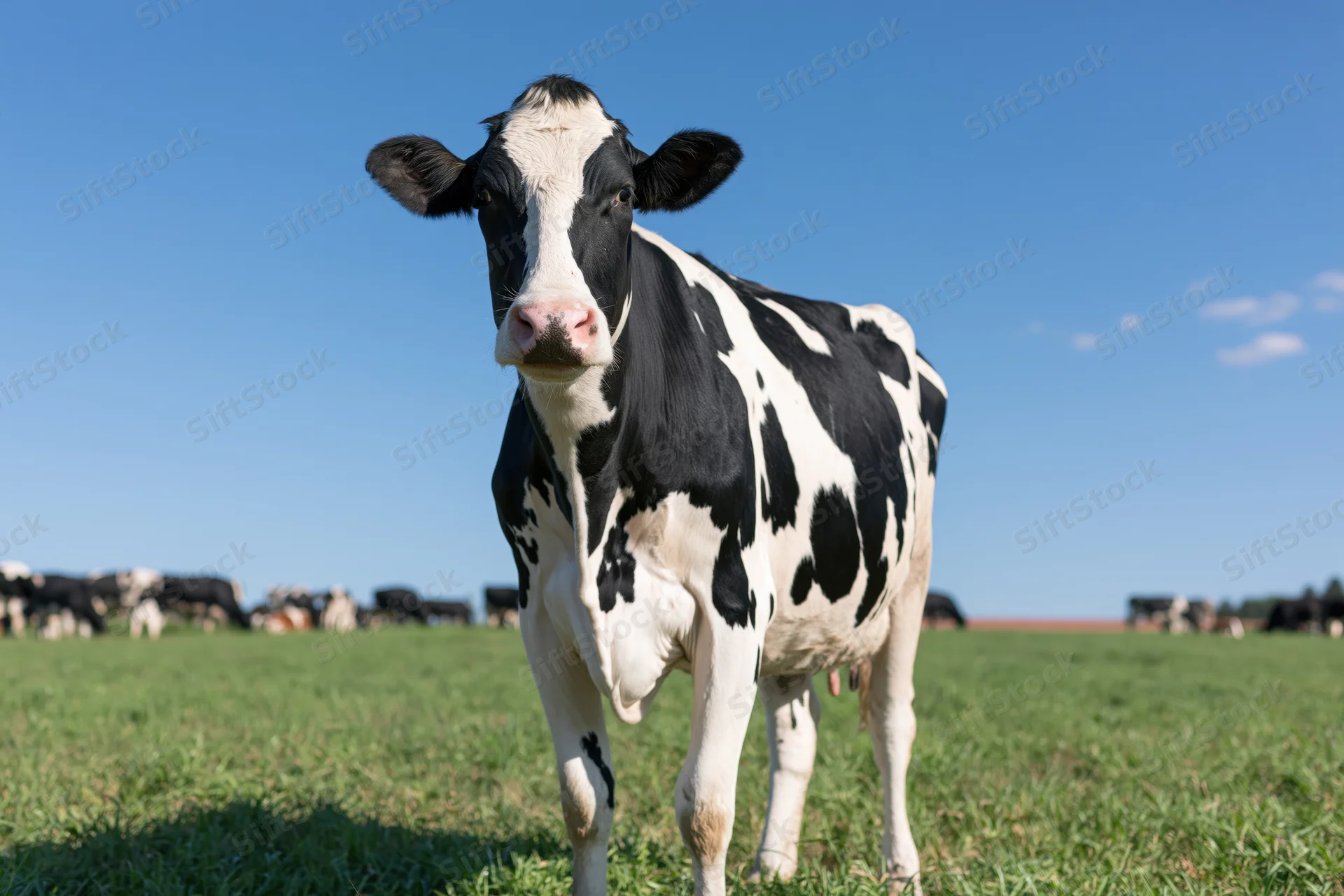 Black-and-white holstein dairy cow standing in a green pasture under a clear blue sky