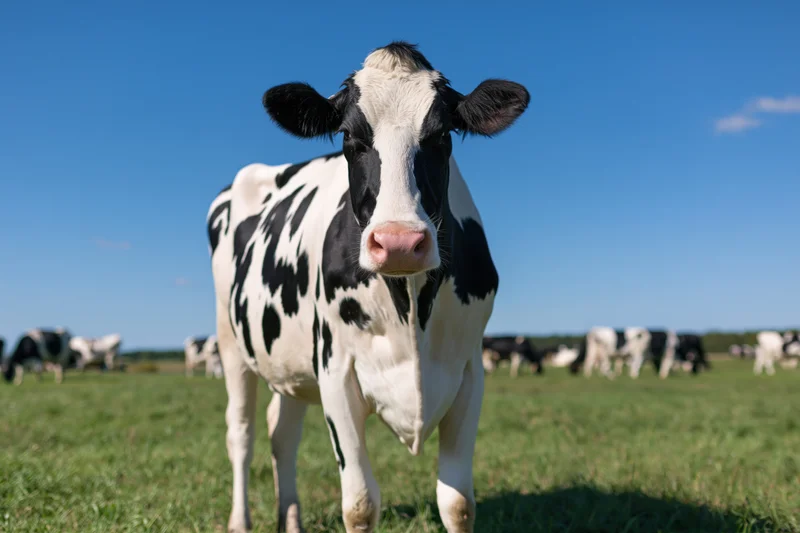 Black-and-white holstein dairy cow standing in a green pasture under a clear blue sky with other cows grazing in the background