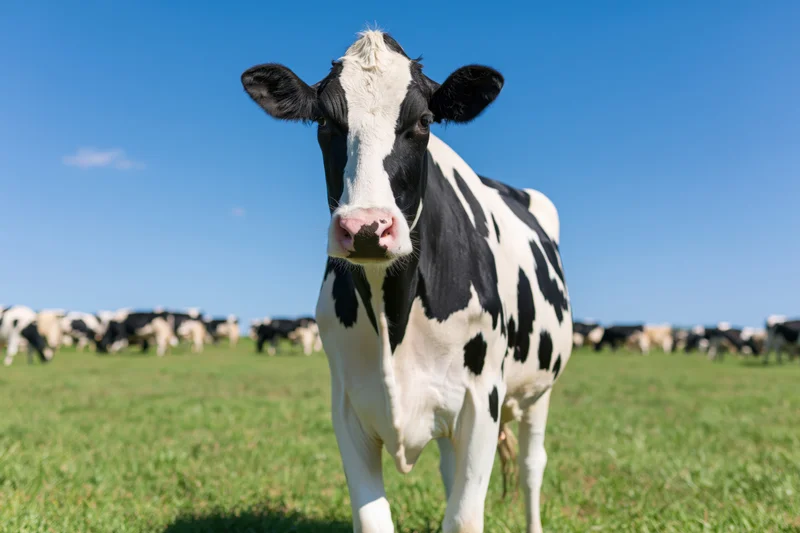 Black-and-white holstein cow standing in a green pasture with herd in background