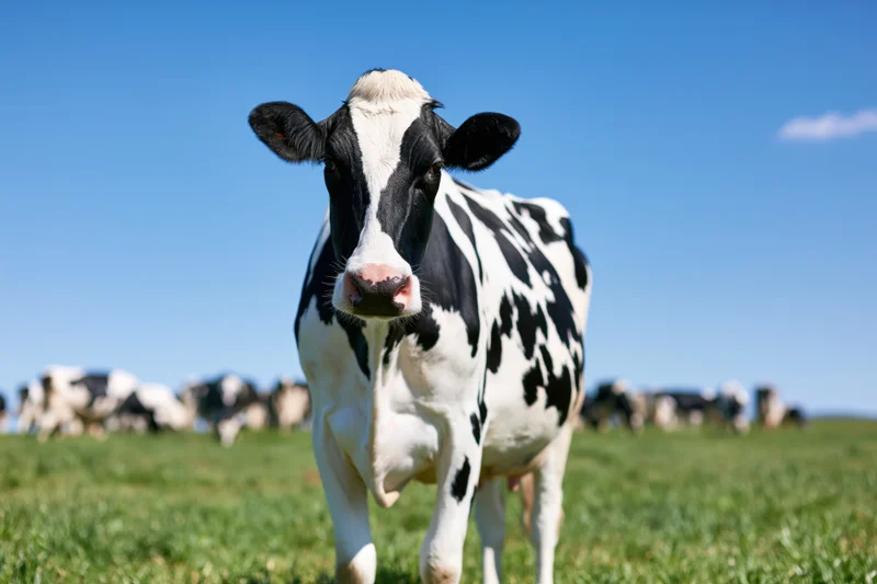 Black-and-white holstein cow standing in a green pasture under a clear blue sky with a herd in the background