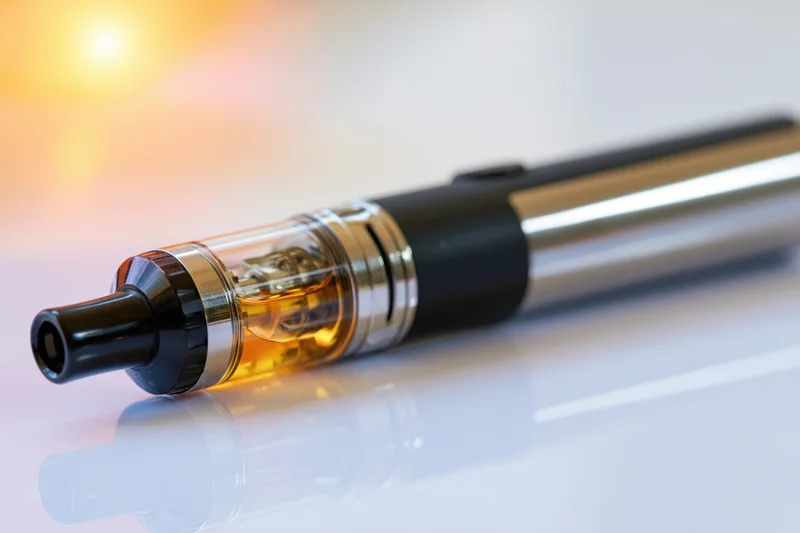 Black and silver vape pen mod lying horizontally on a reflective white surface