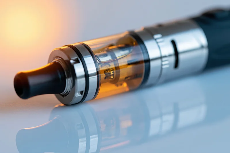 Black and silver vape pen mod lying horizontally on a reflective surface with visible glass tank and coil inside