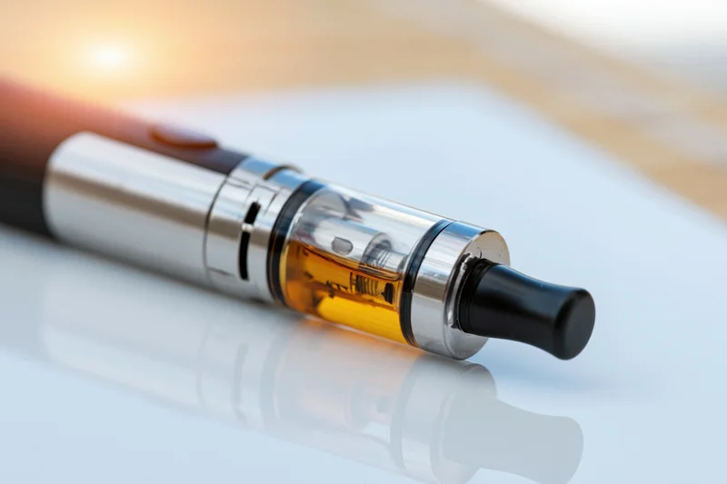 Black and silver vape pen mod lying horizontally on a reflective white surface with visible amber liquid in the tank