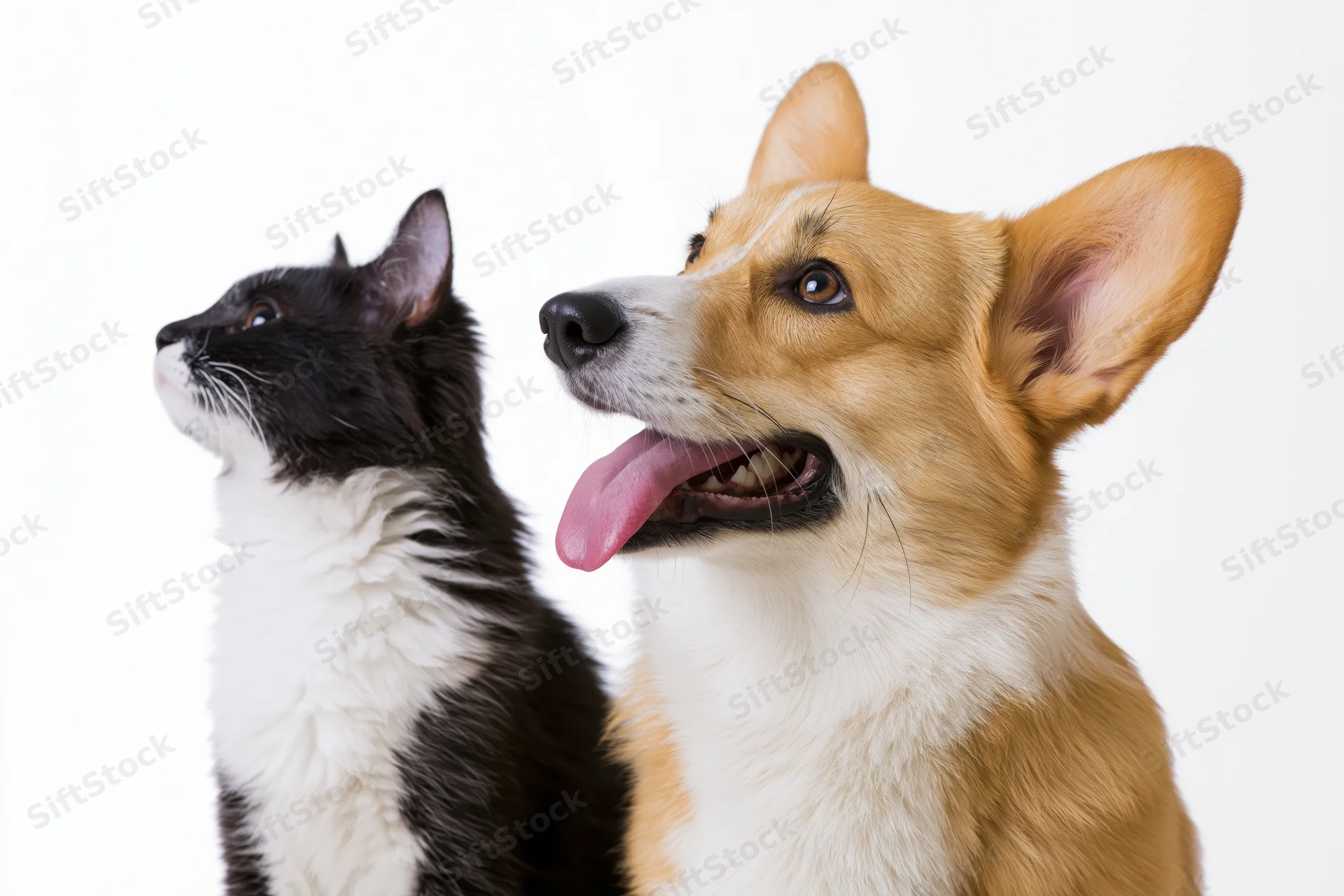 Tuxedo cat and pembroke welsh corgi sitting side by side looking up in studio portrait