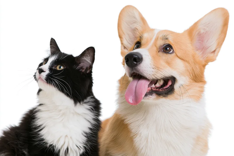 Black and white tuxedo cat and pembroke welsh corgi sitting side by side looking up against white background