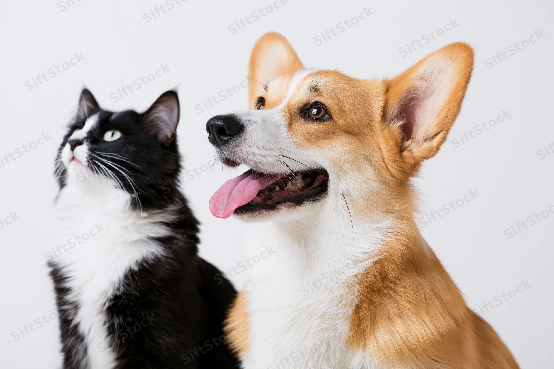 Black and white tuxedo cat and pembroke welsh corgi sitting side by side in studio portrait