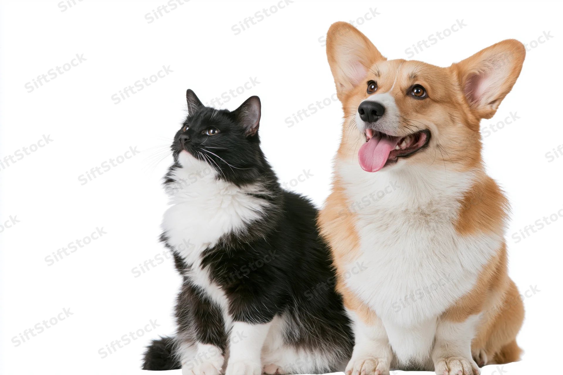 Black and white tuxedo cat and pembroke welsh corgi sitting together on white background