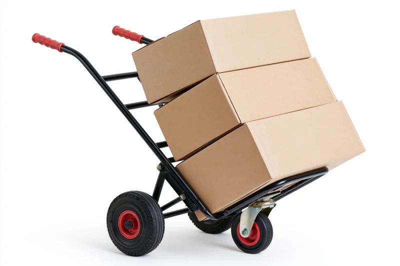 Black metal hand truck dolly loaded with three stacked cardboard boxes on white background